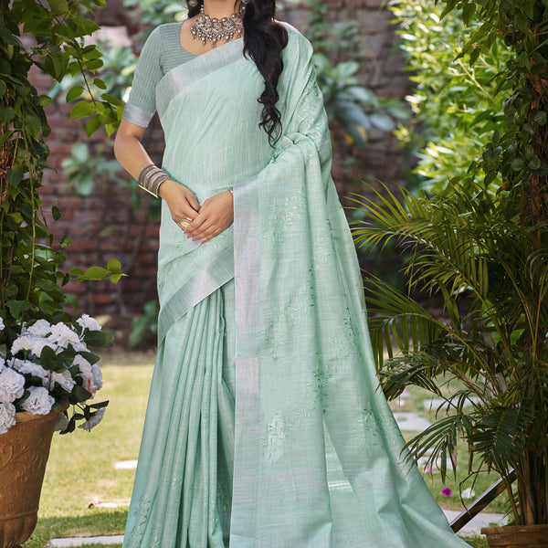 Sangam Prints Sea Green Linen Woven Work Traditional Saree - Distacart