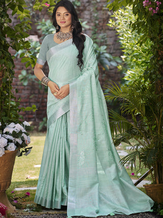 Sangam Prints Sea Green Linen Woven Work Traditional Saree