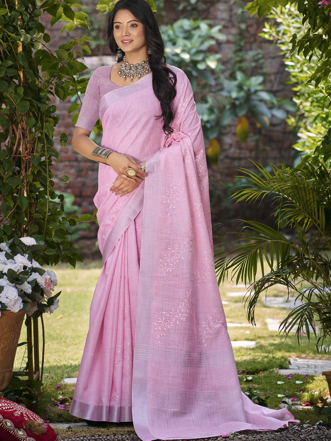 Sangam Prints Dark Pink Linen Woven Work Traditional Saree