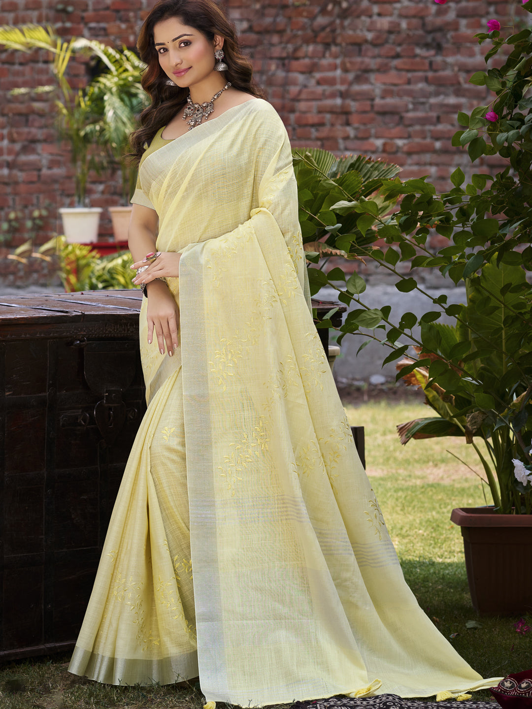 Sangam Prints Yellow Linen Woven Work Traditional Saree