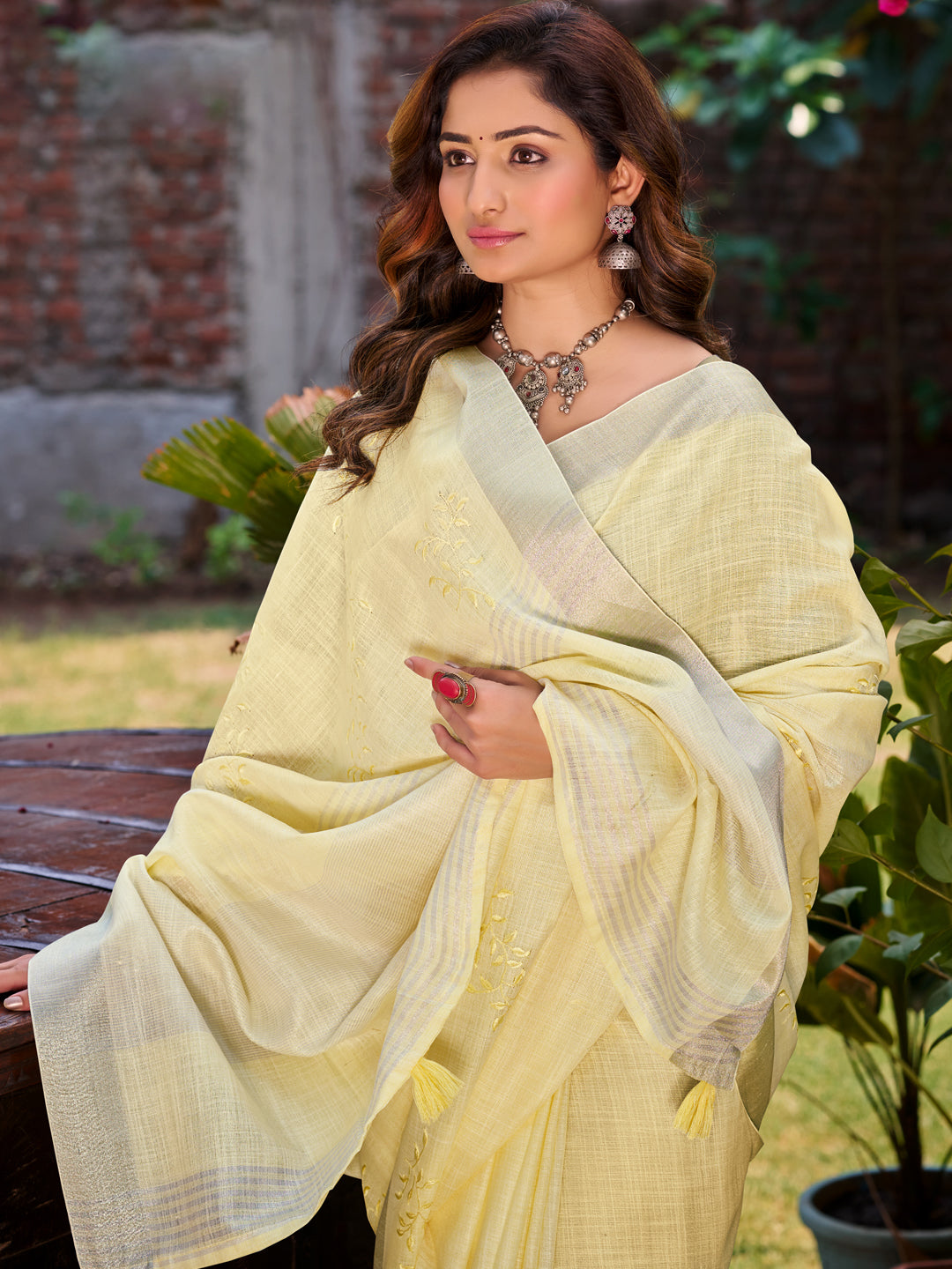 Sangam Prints Yellow Linen Woven Work Traditional Saree