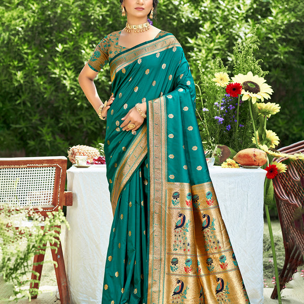 Sangam Prints Teal Green Silk Woven Work Traditional Saree