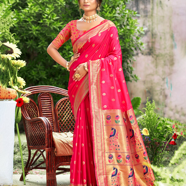 Sangam Prints Rani Pink Silk Woven Work Traditional Saree