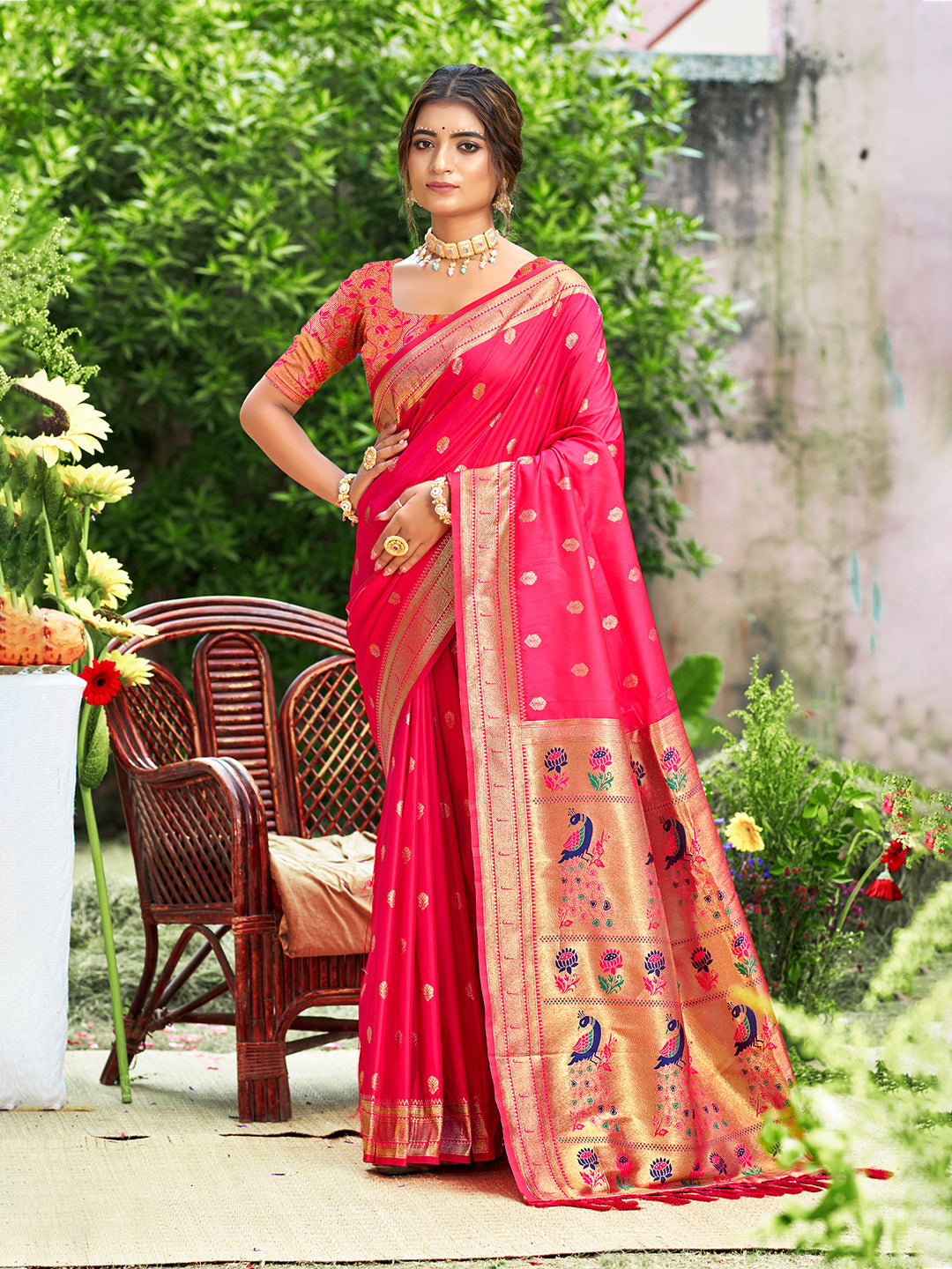 Sangam Prints Rani Pink Silk Woven Work Traditional Saree