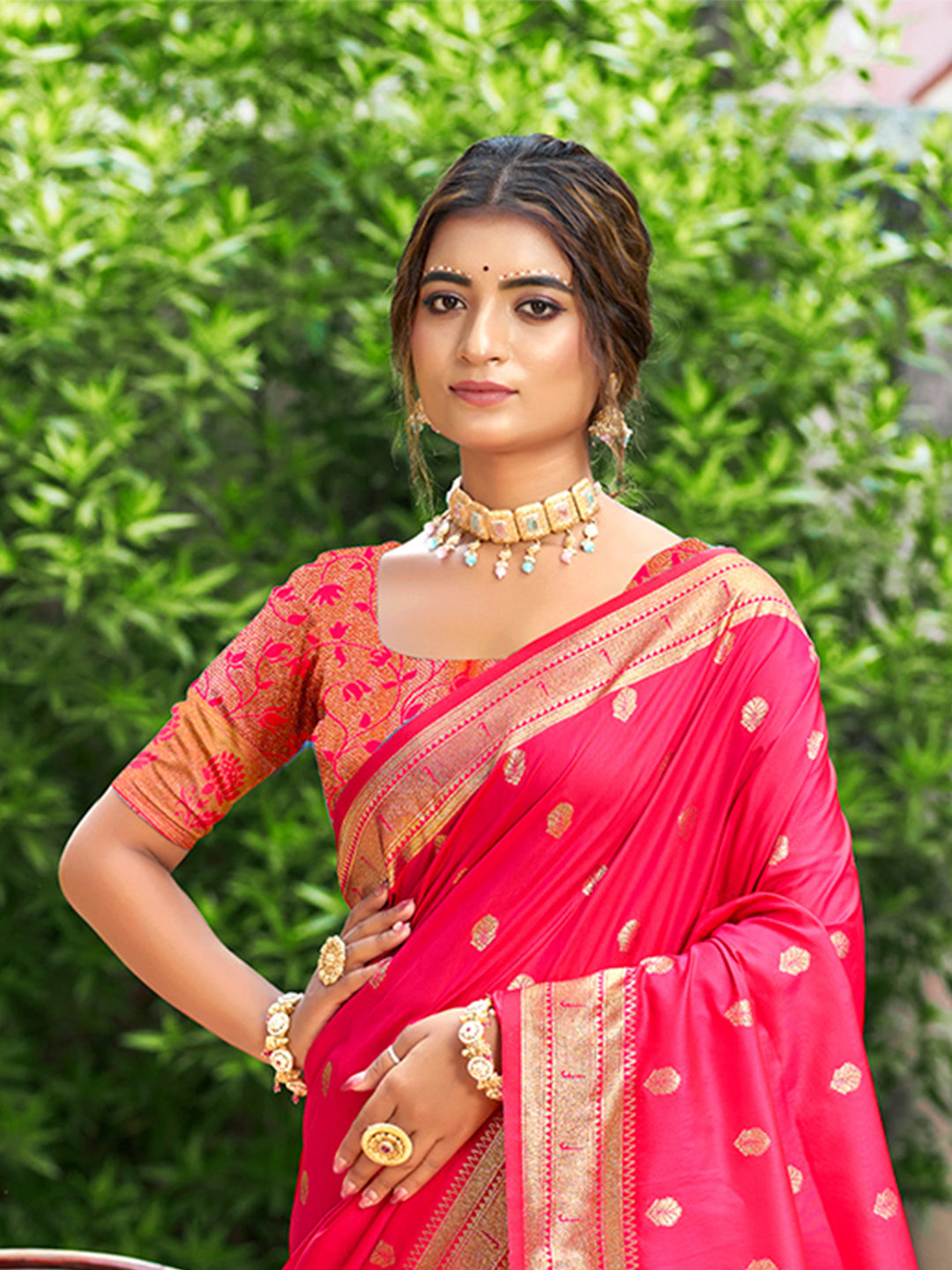 Sangam Prints Rani Pink Silk Woven Work Traditional Saree - Distacart