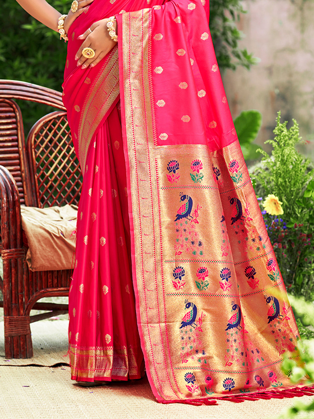 Sangam Prints Rani Pink Silk Woven Work Traditional Saree
