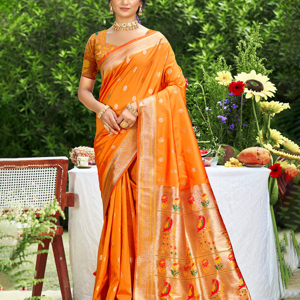 Sangam Prints Orange Silk Woven Work Traditional Saree