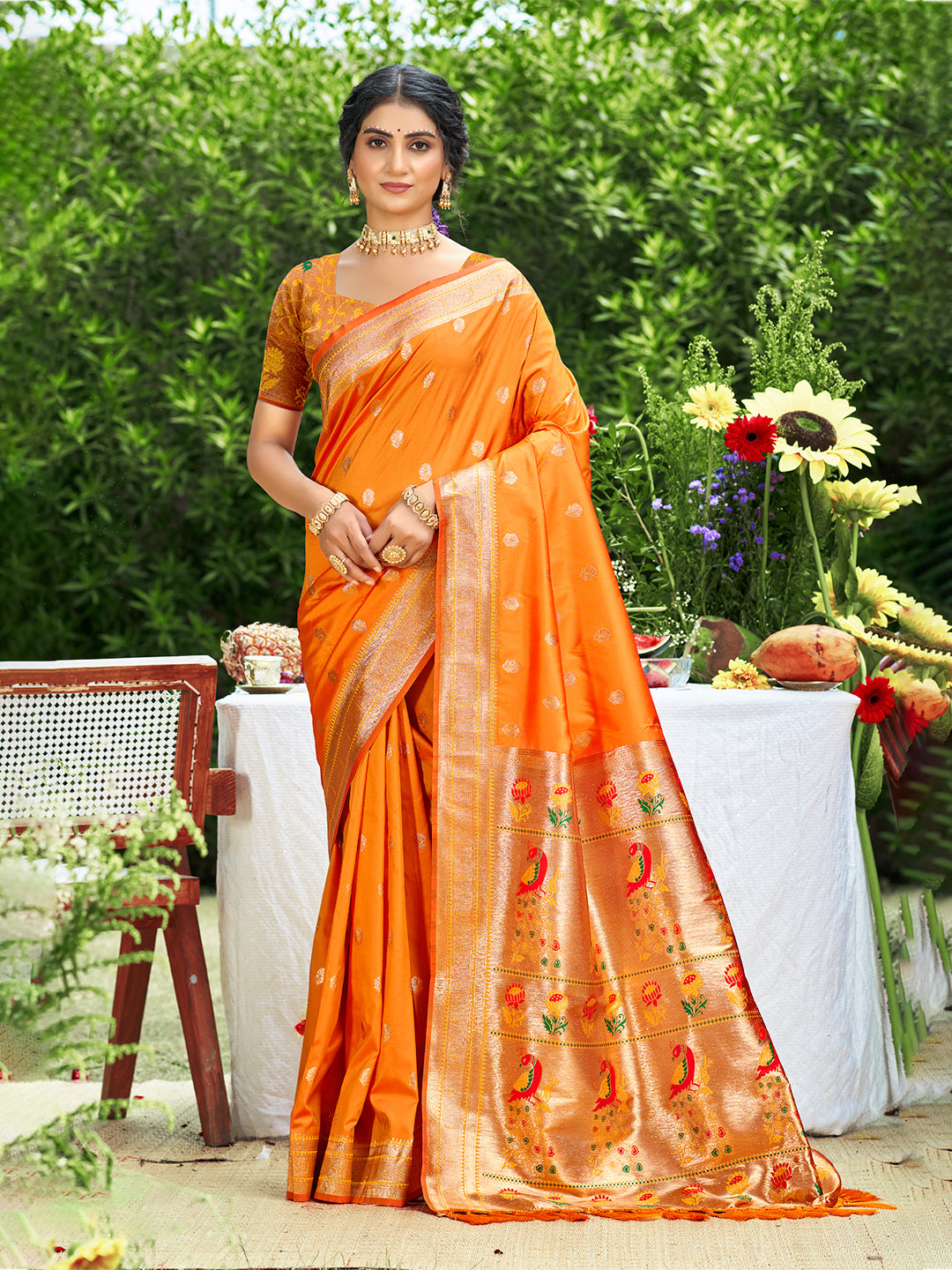 Sangam Prints Orange Silk Woven Work Traditional Saree - Distacart