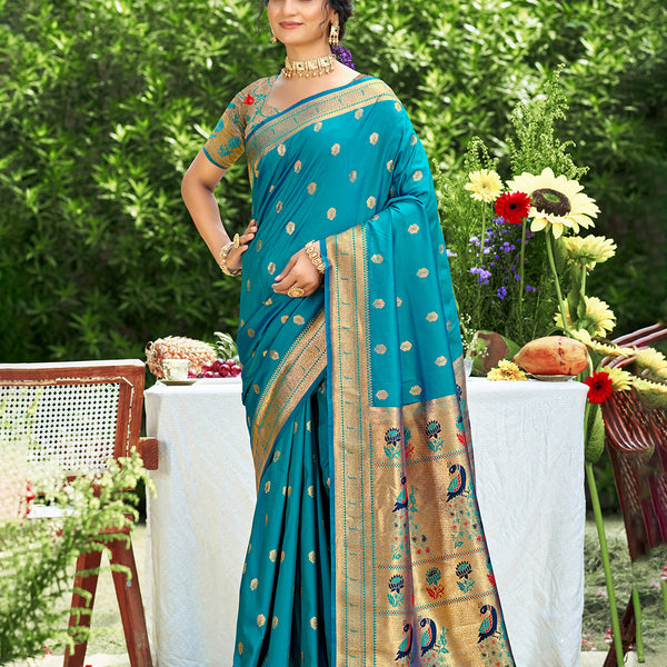 Sangam Prints Teal Silk Woven Work Traditional Saree