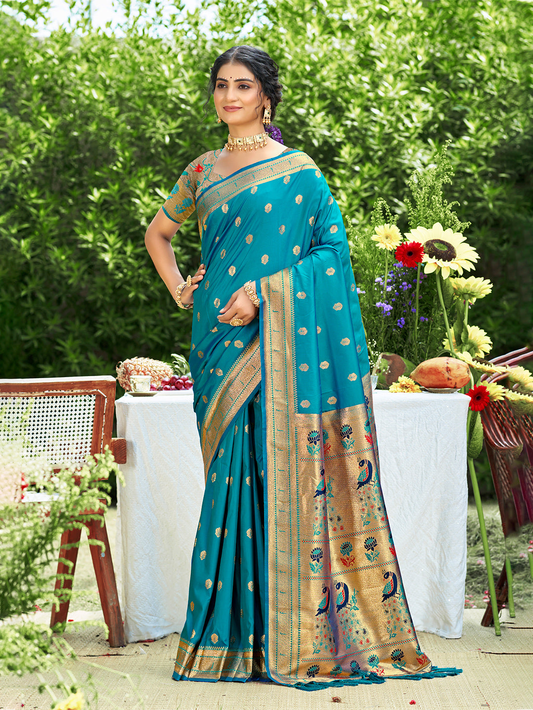 Sangam Prints Teal Silk Woven Work Traditional Saree