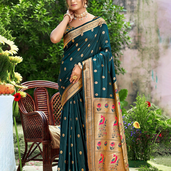 Sangam Prints Teal Blue Silk Woven Work Traditional Saree