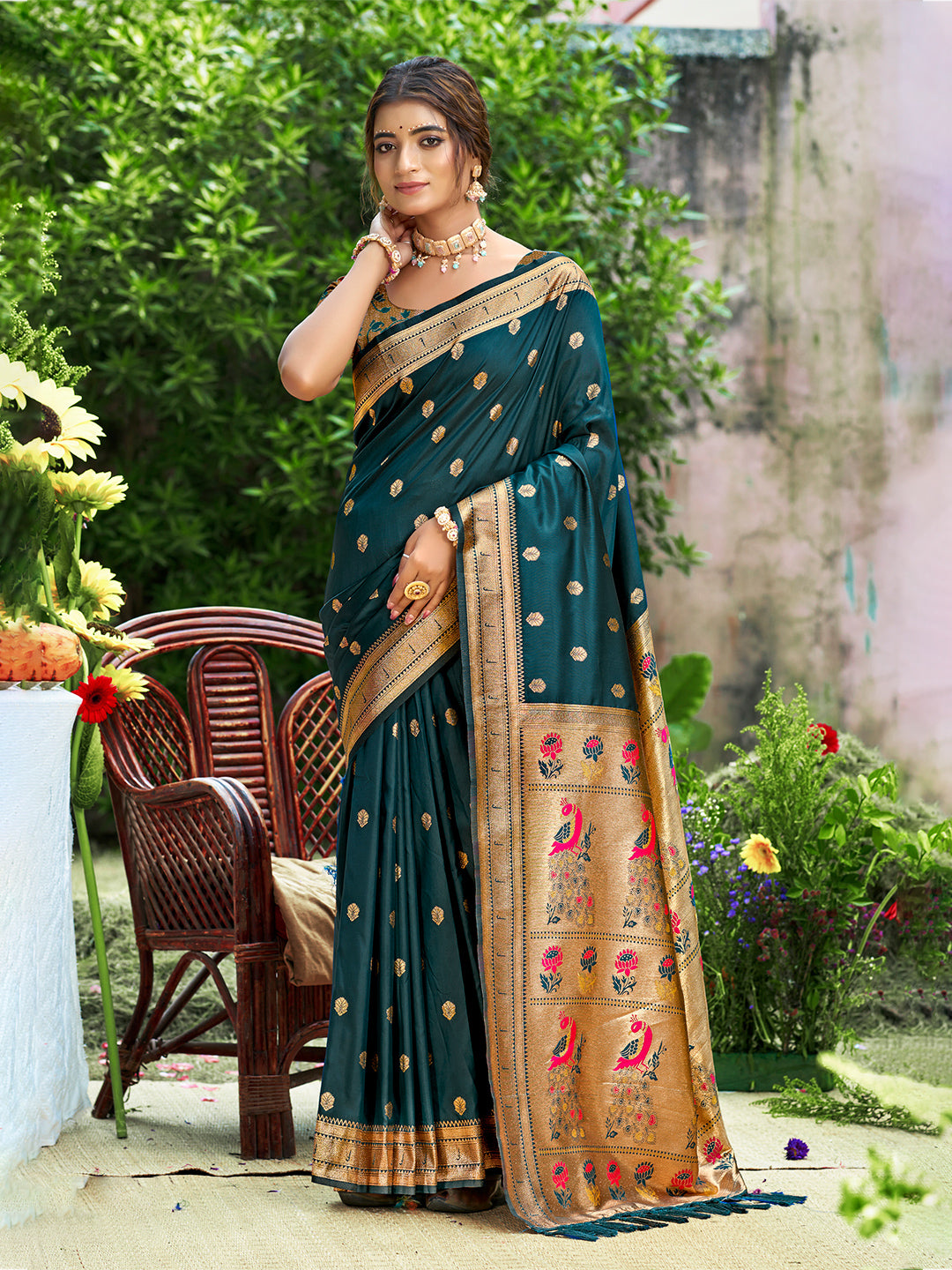 Sangam Prints Teal Blue Silk Woven Work Traditional Saree
