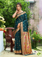 Thumbnail for Sangam Prints Teal Blue Silk Woven Work Traditional Saree