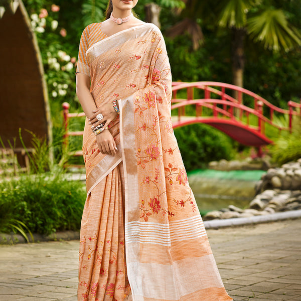 Sangam Prints Peach Linen Woven Work Traditional Saree