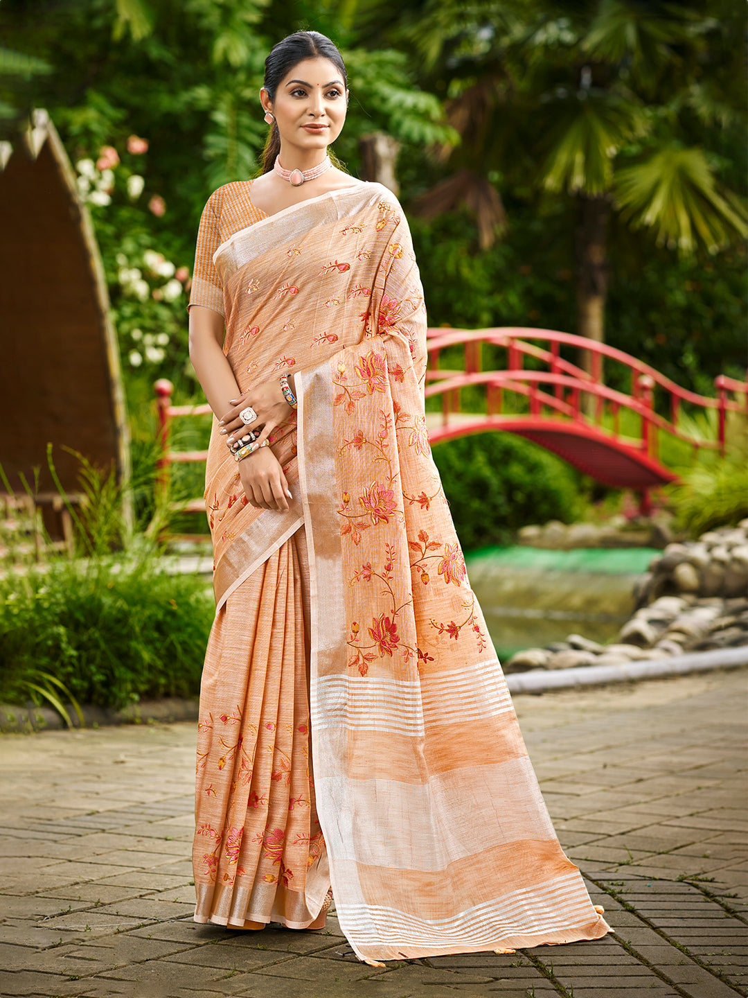 Sangam Prints Peach Linen Woven Work Traditional Saree - Distacart