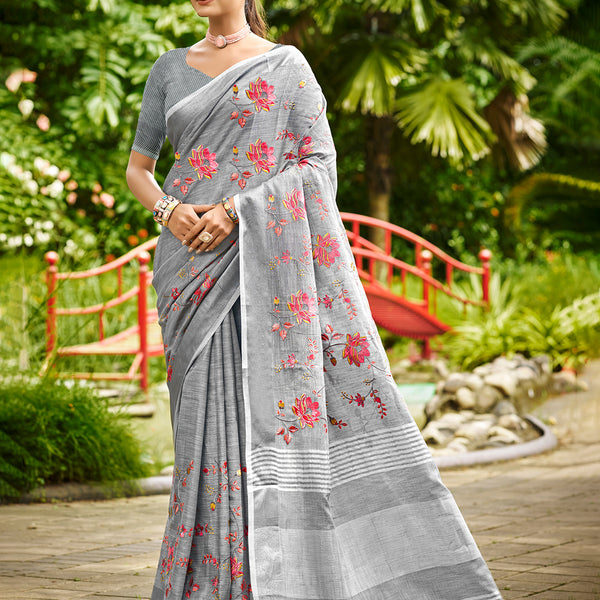 Sangam Prints Grey Linen Woven Work Traditional Saree