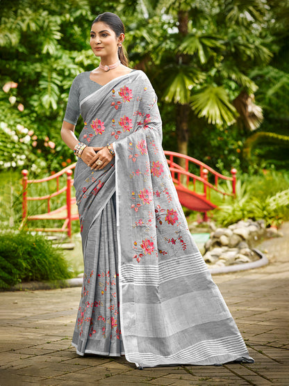 Sangam Prints Grey Linen Woven Work Traditional Saree - Distacart