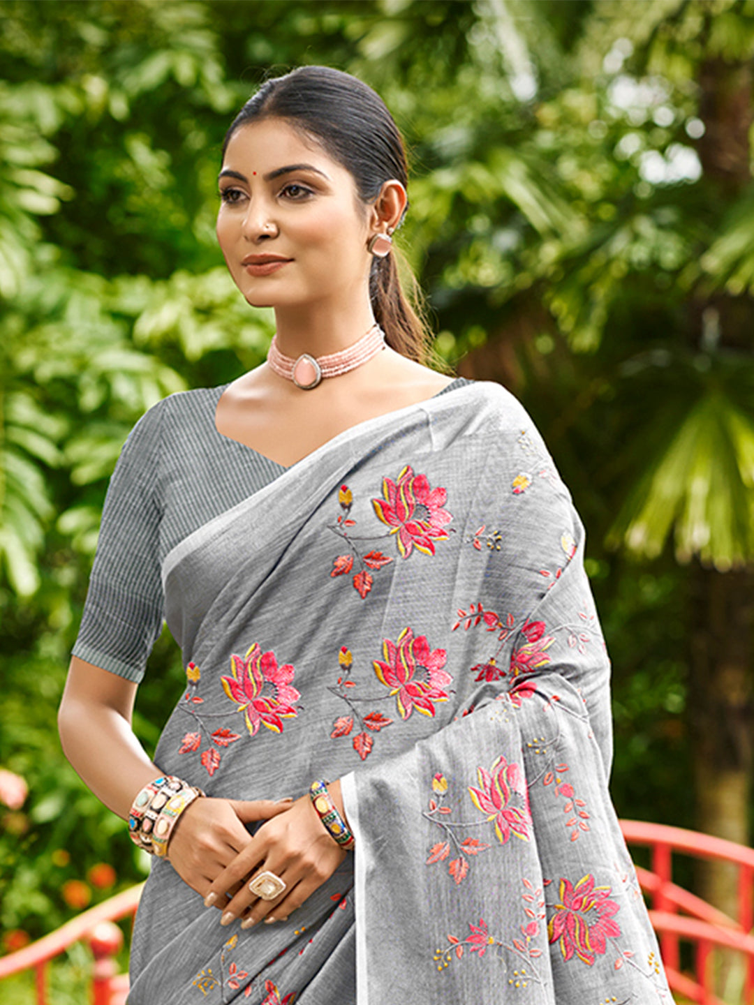 Sangam Prints Grey Linen Woven Work Traditional Saree - Distacart