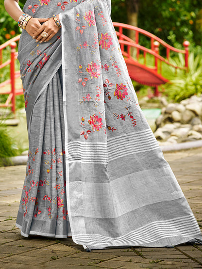 Sangam Prints Grey Linen Woven Work Traditional Saree - Distacart