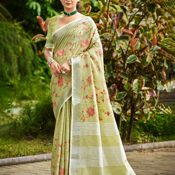 Sangam Prints Lime Green Linen Woven Work Traditional Saree