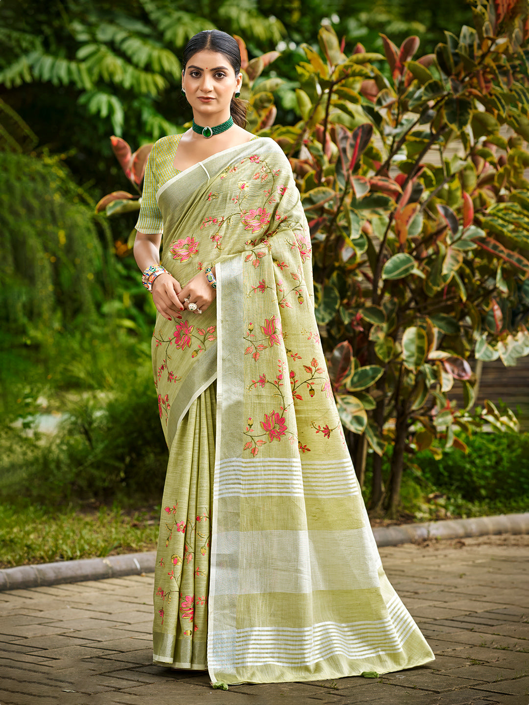 Sangam Prints Lime Green Linen Woven Work Traditional Saree - Distacart
