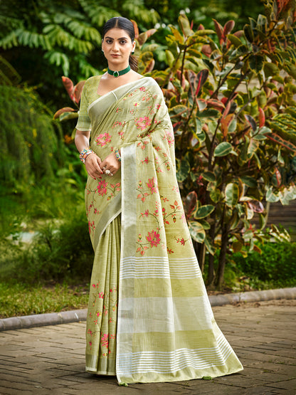 Sangam Prints Lime Green Linen Woven Work Traditional Saree - Distacart
