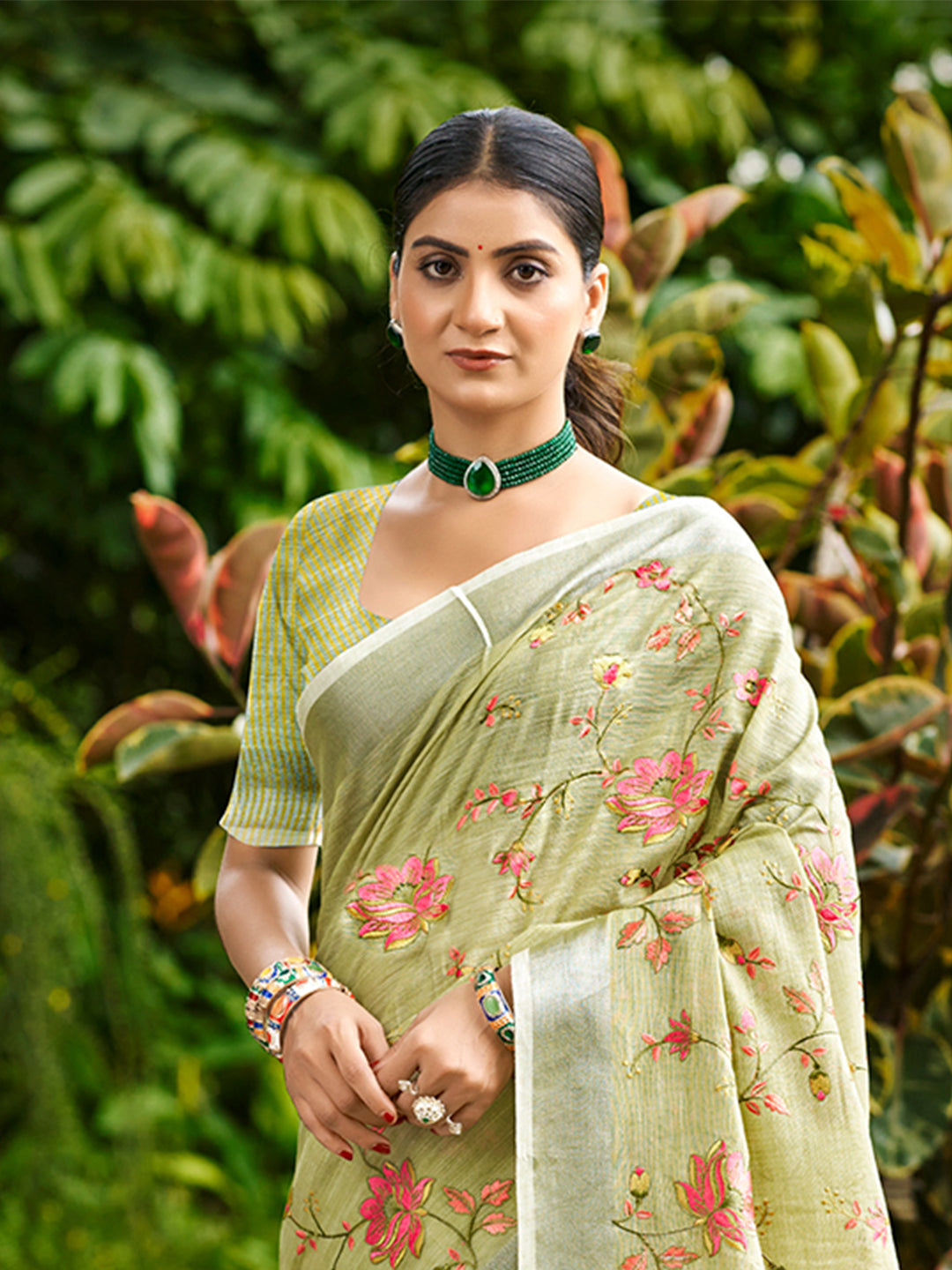 Sangam Prints Lime Green Linen Woven Work Traditional Saree - Distacart