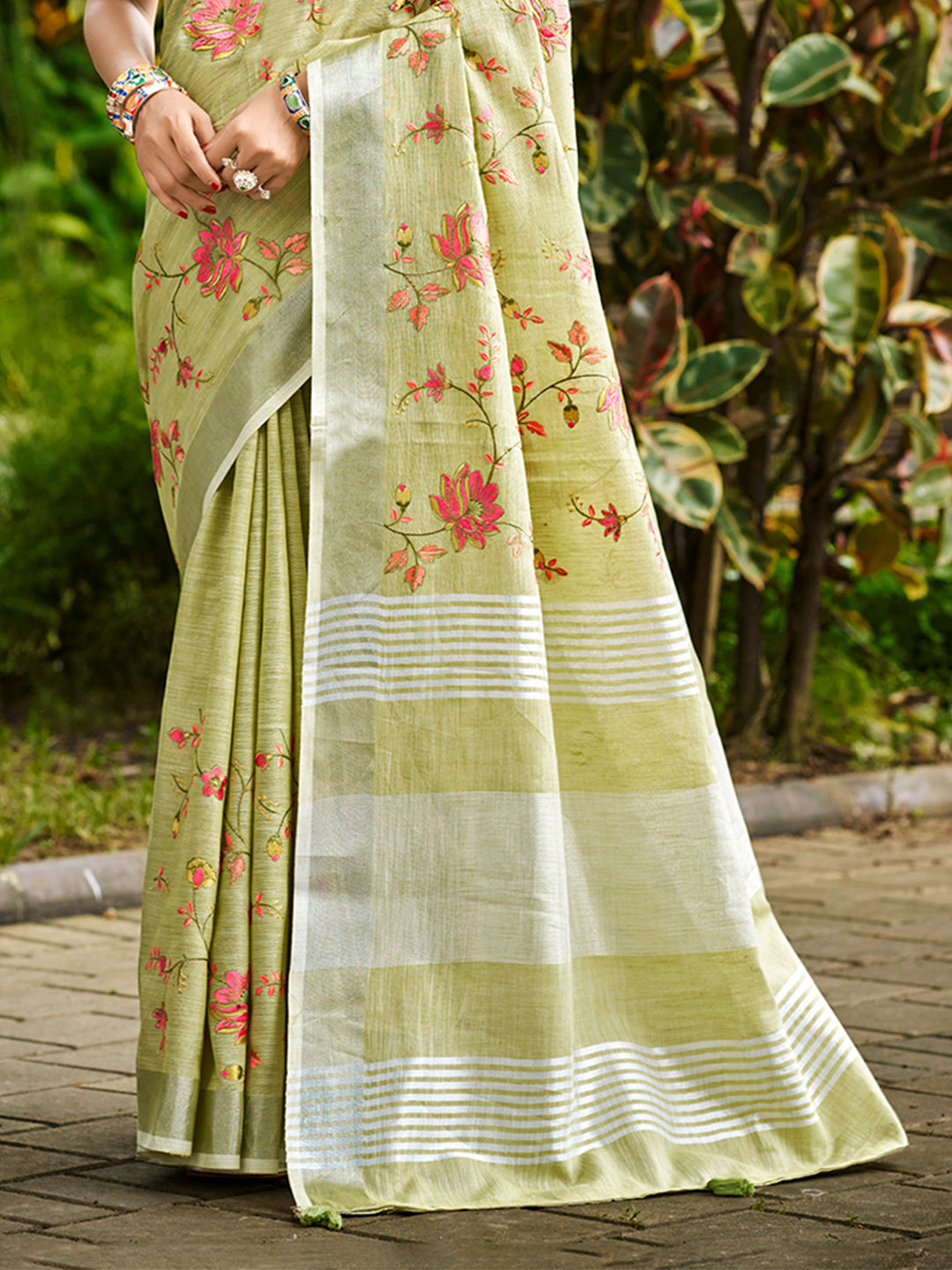 Sangam Prints Lime Green Linen Woven Work Traditional Saree - Distacart