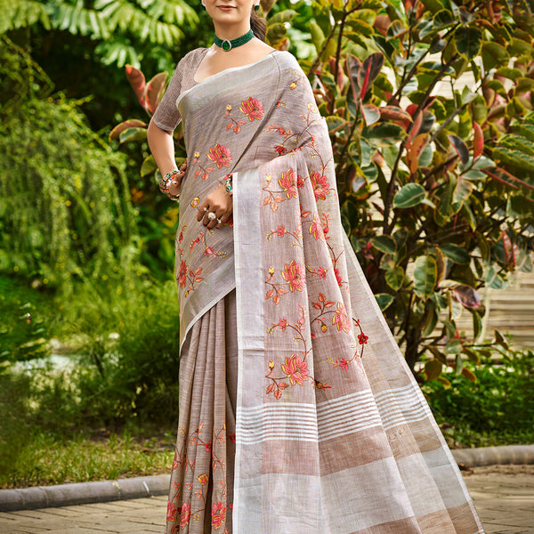 Sangam Prints Brown  Linen Woven Work Traditional Saree