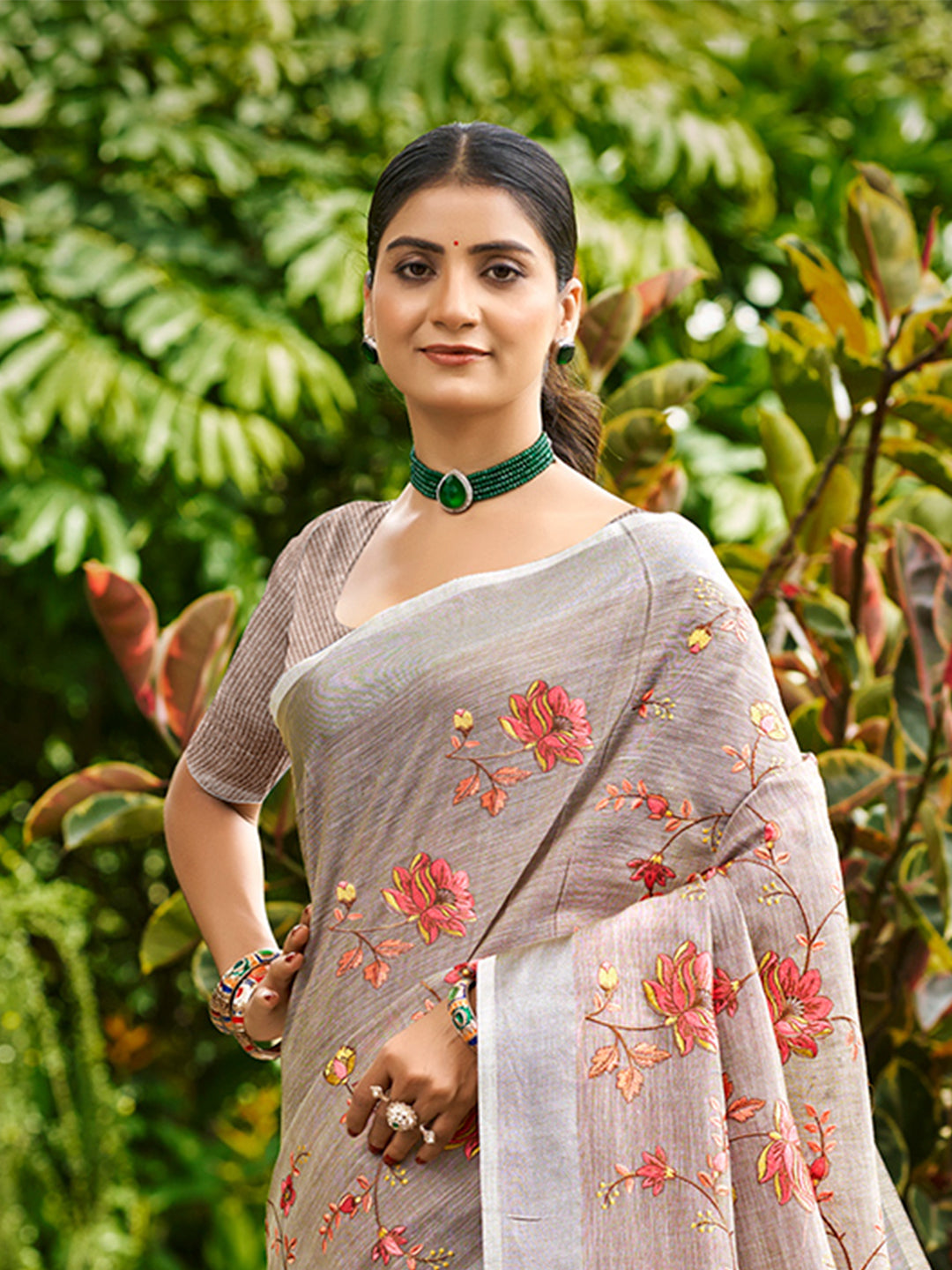 Sangam Prints Brown  Linen Woven Work Traditional Saree - Distacart