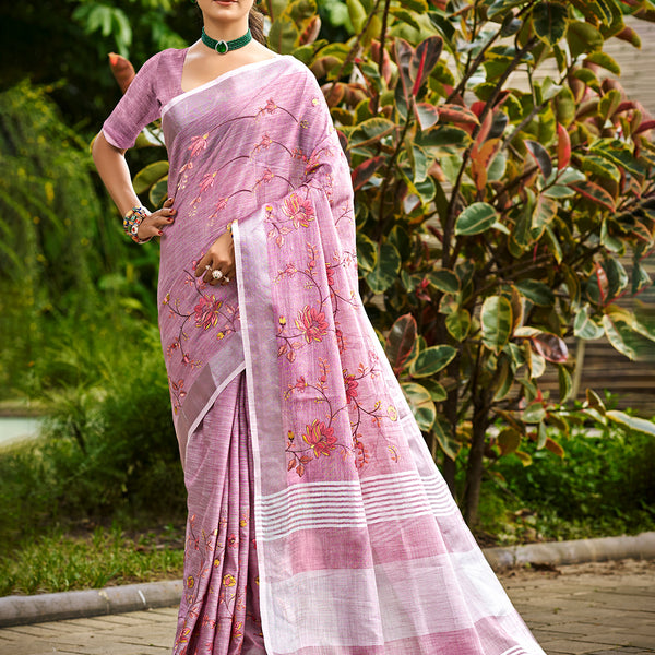 Sangam Prints Onion Pink Linen Woven Work Traditional Saree