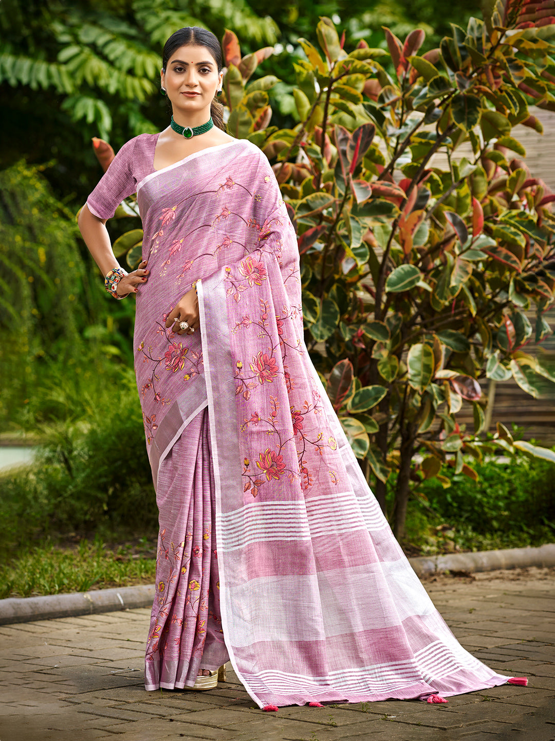 Sangam Prints Onion Pink Linen Woven Work Traditional Saree - Distacart