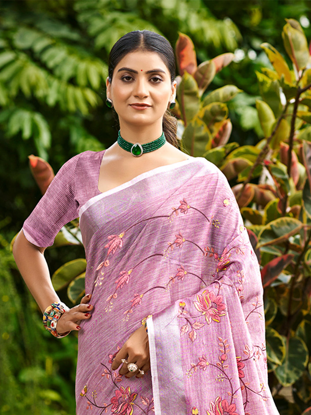 Sangam Prints Onion Pink Linen Woven Work Traditional Saree - Distacart