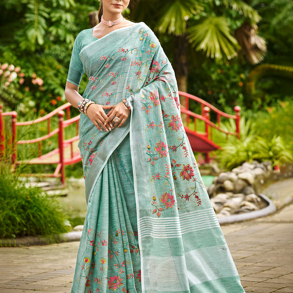 Sangam Prints Sky Blue Linen Woven Work Traditional Saree