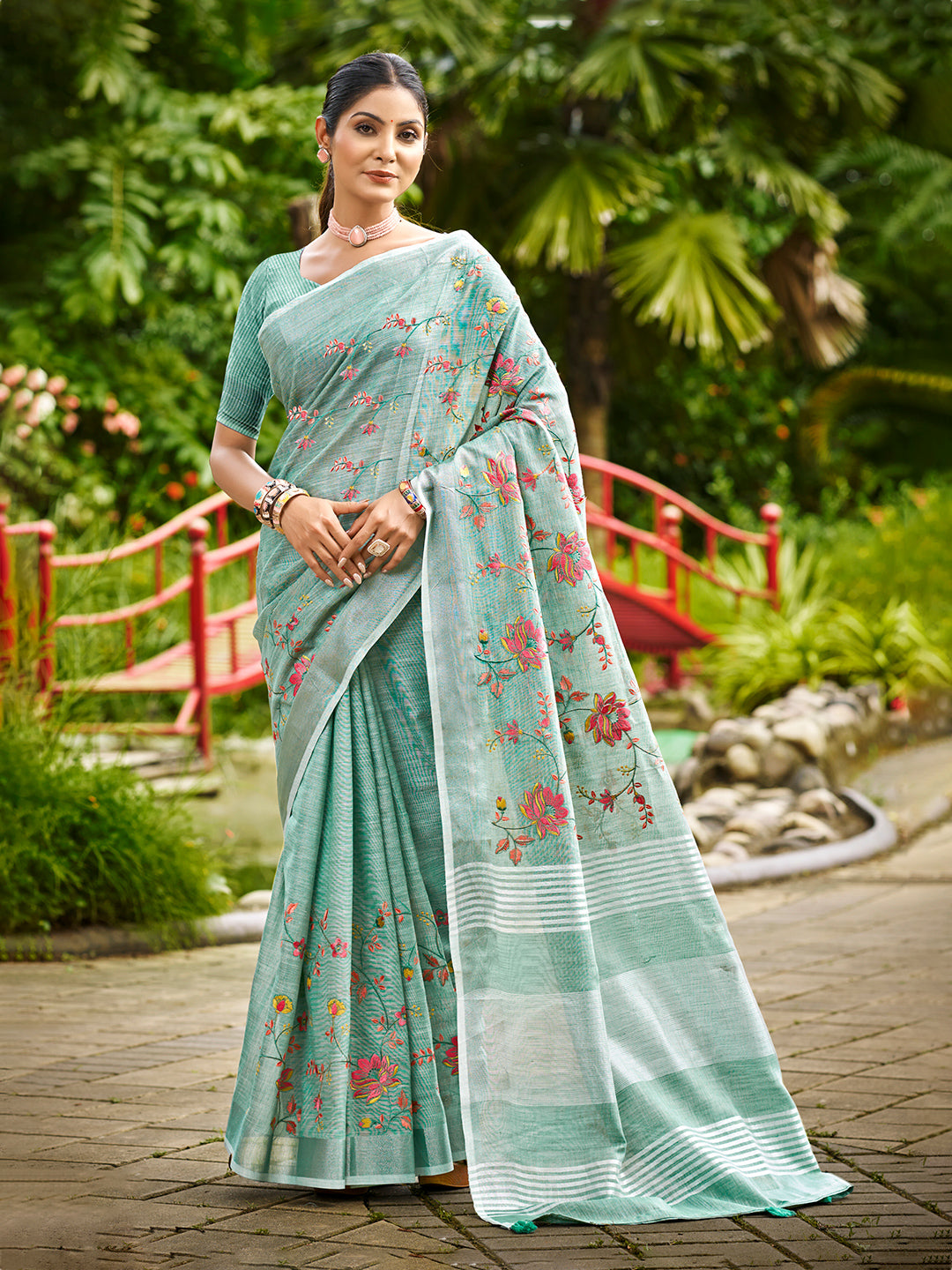 Sangam Prints Sky Blue Linen Woven Work Traditional Saree - Distacart