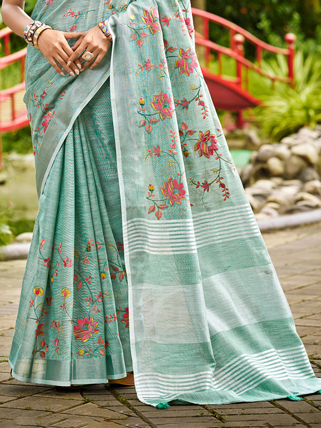 Sangam Prints Sky Blue Linen Woven Work Traditional Saree