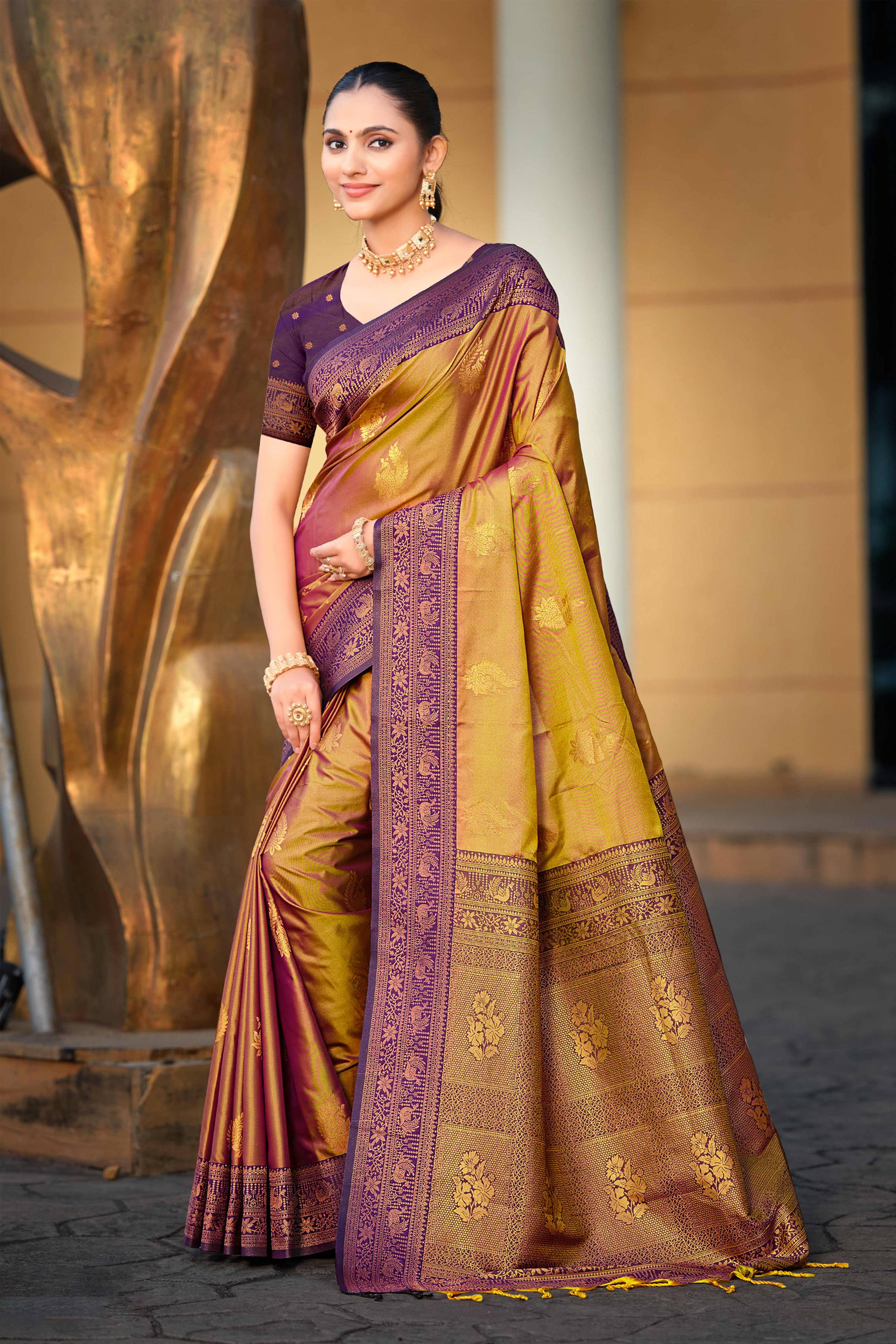 Sangam Prints Golden Soft Silk Woven Work Traditional Saree - Dista