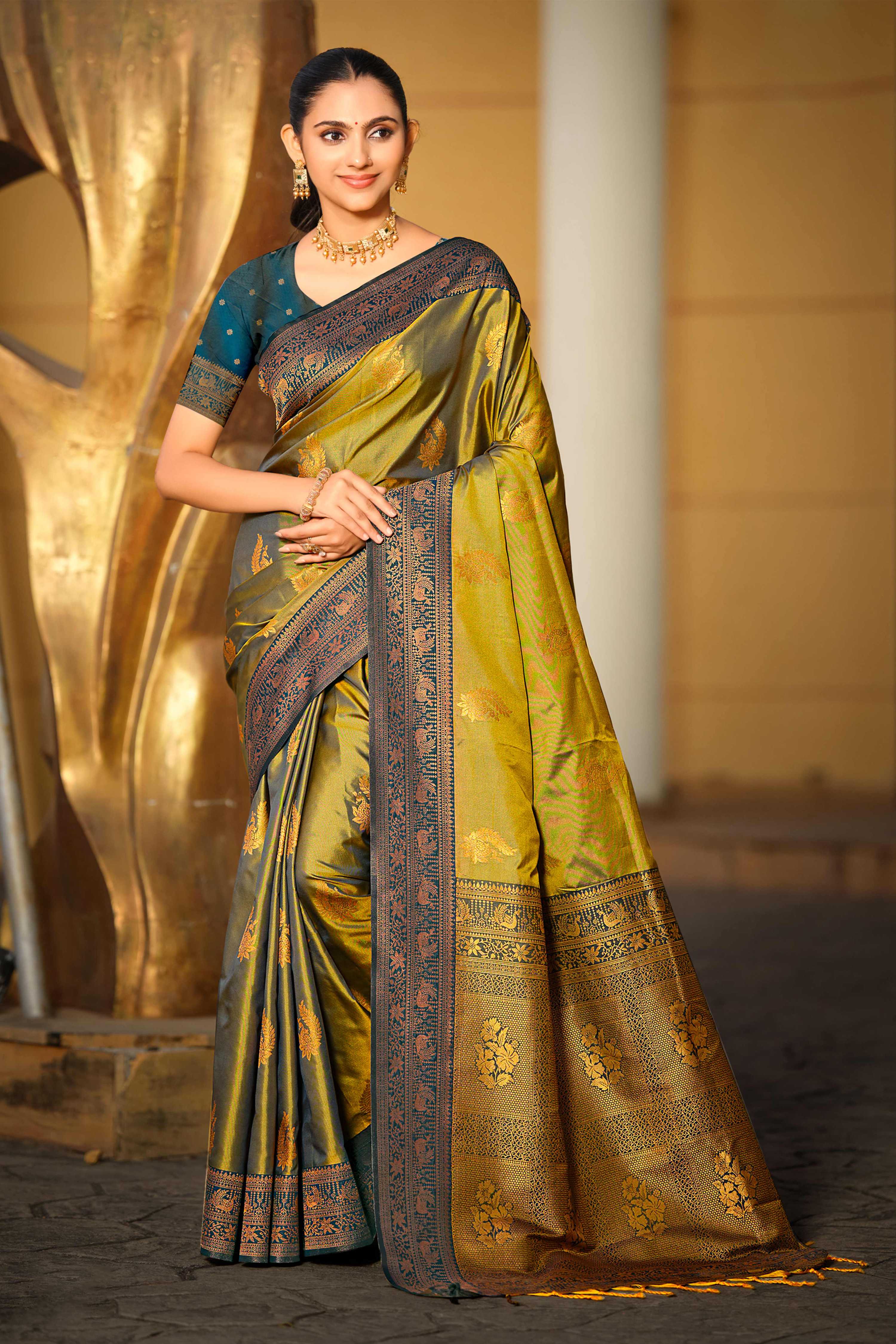 Sangam Prints Olive Green Soft Silk Woven Work Traditional Saree - Dista