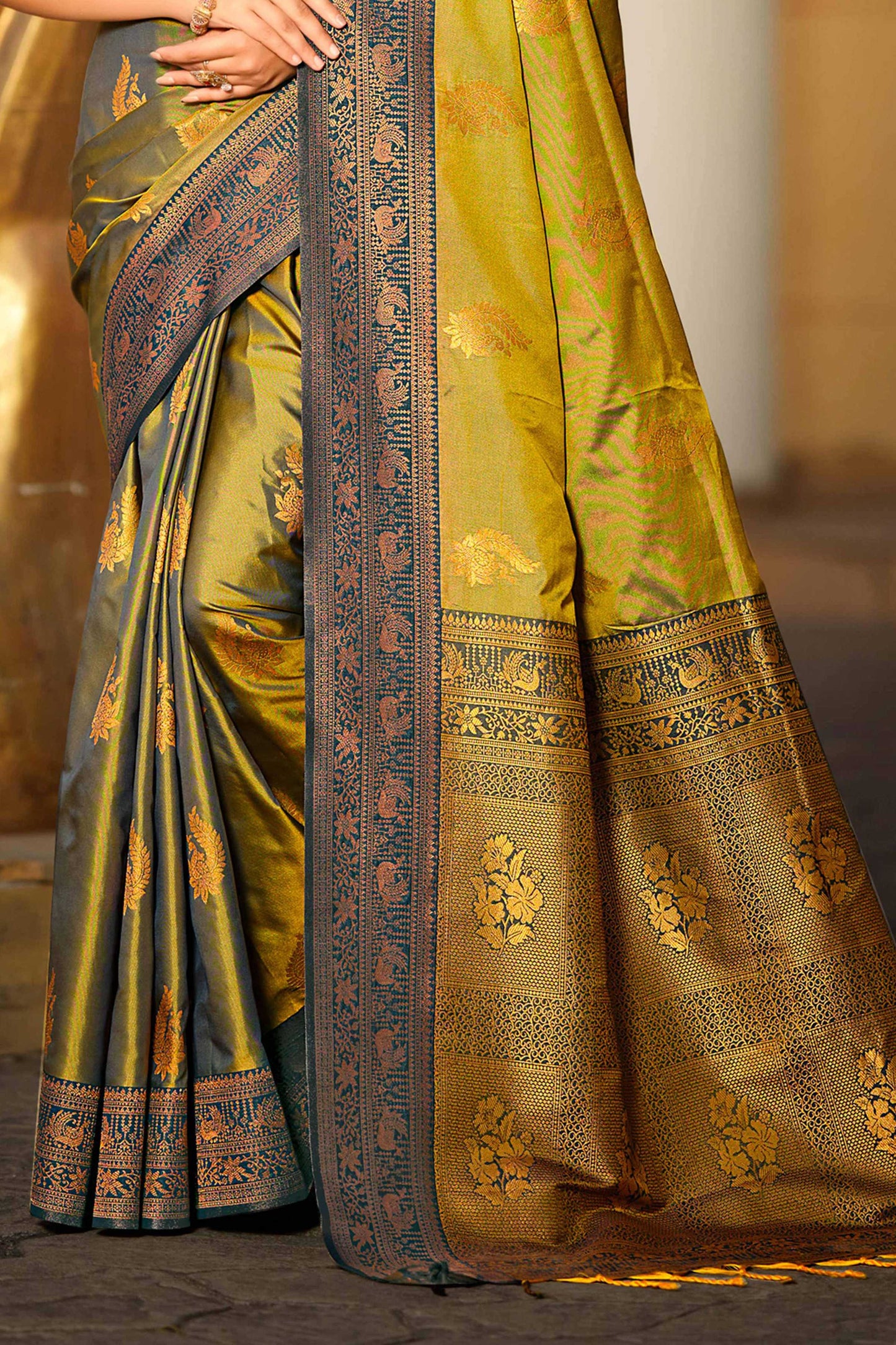 Sangam Prints Olive Green Soft Silk Woven Work Traditional Saree - Dista