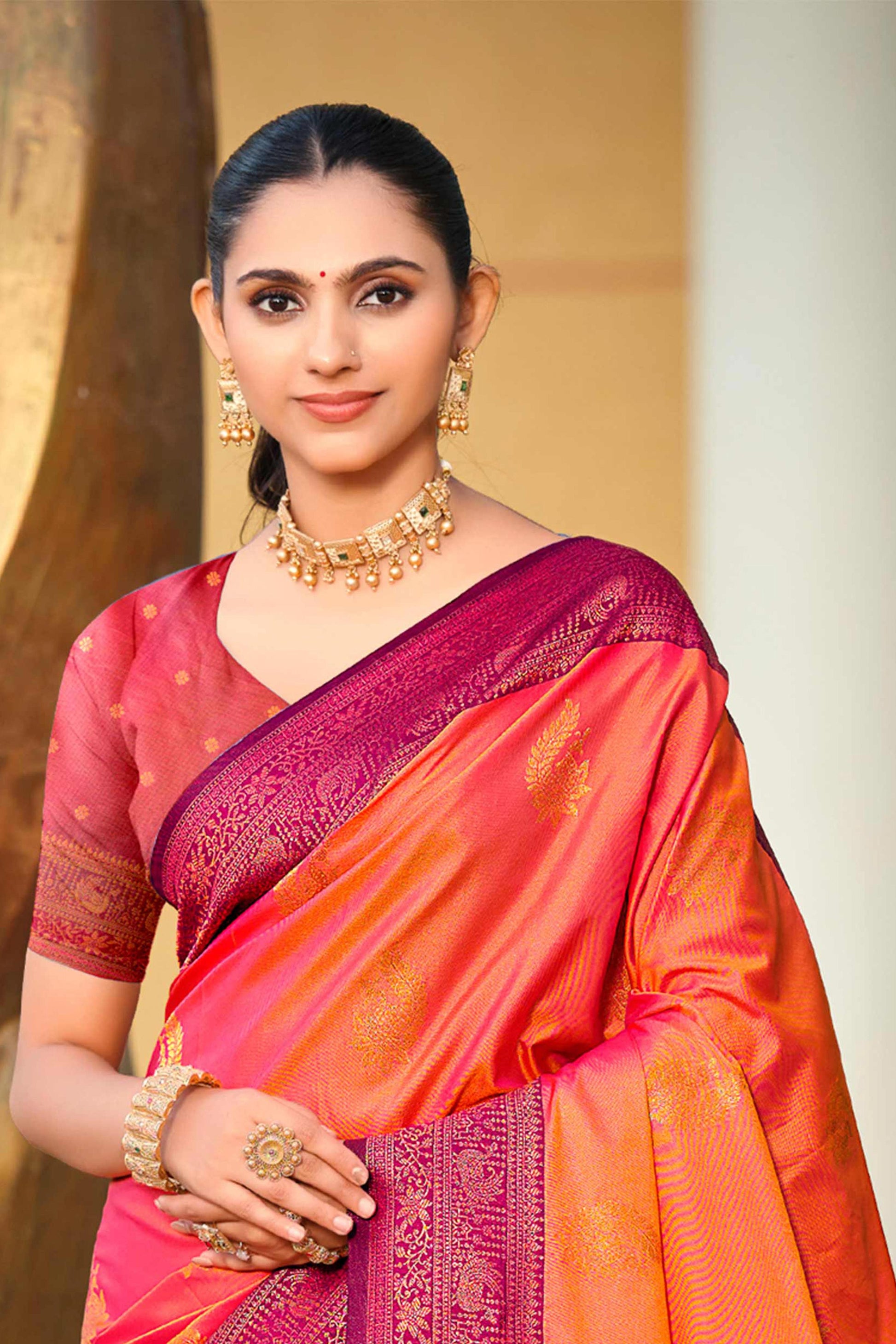Sangam Prints Rani Pink Soft Silk Woven Work Traditional Saree - Dista