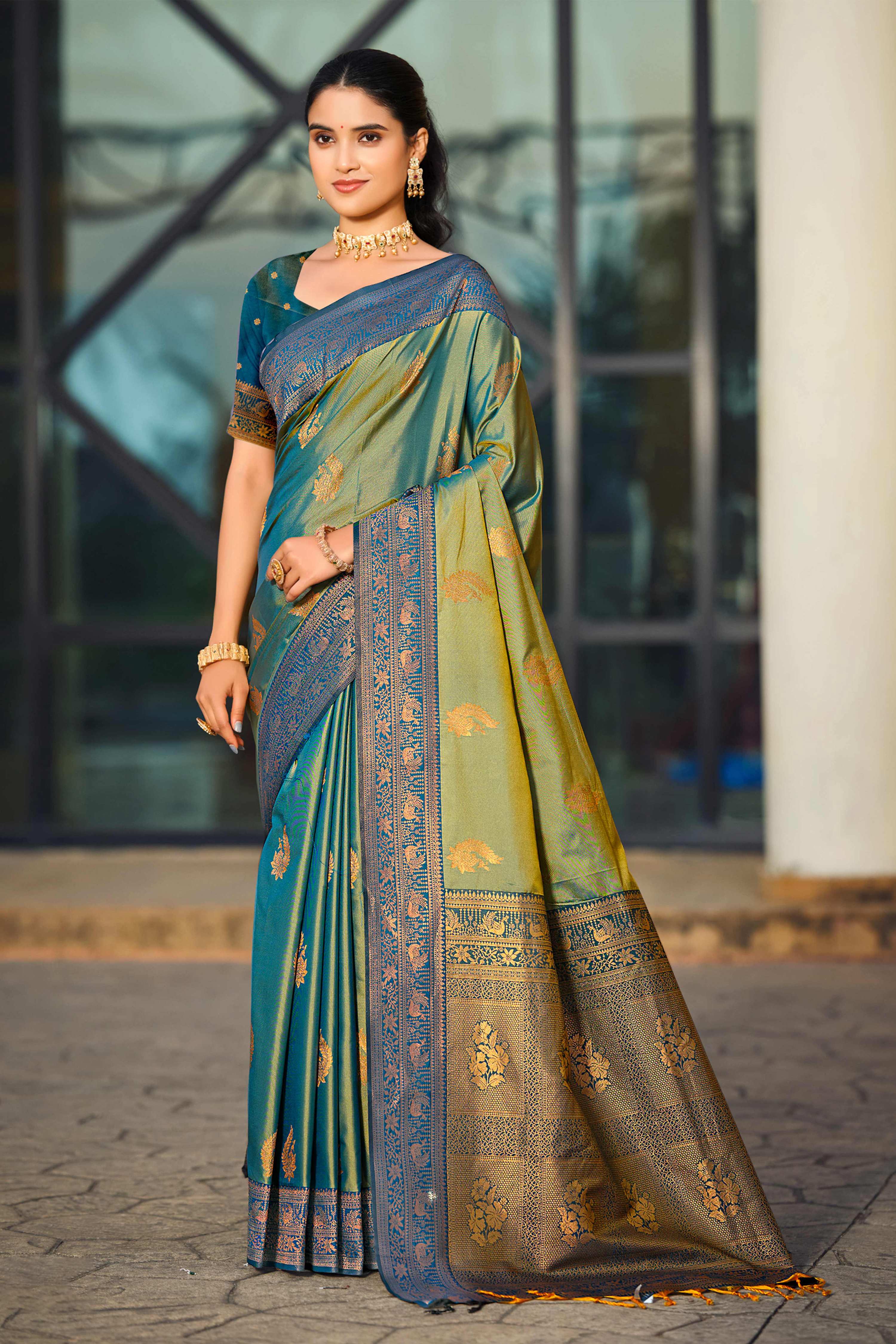Sangam Prints Sea Green Soft Silk Woven Work Traditional Saree - Dista