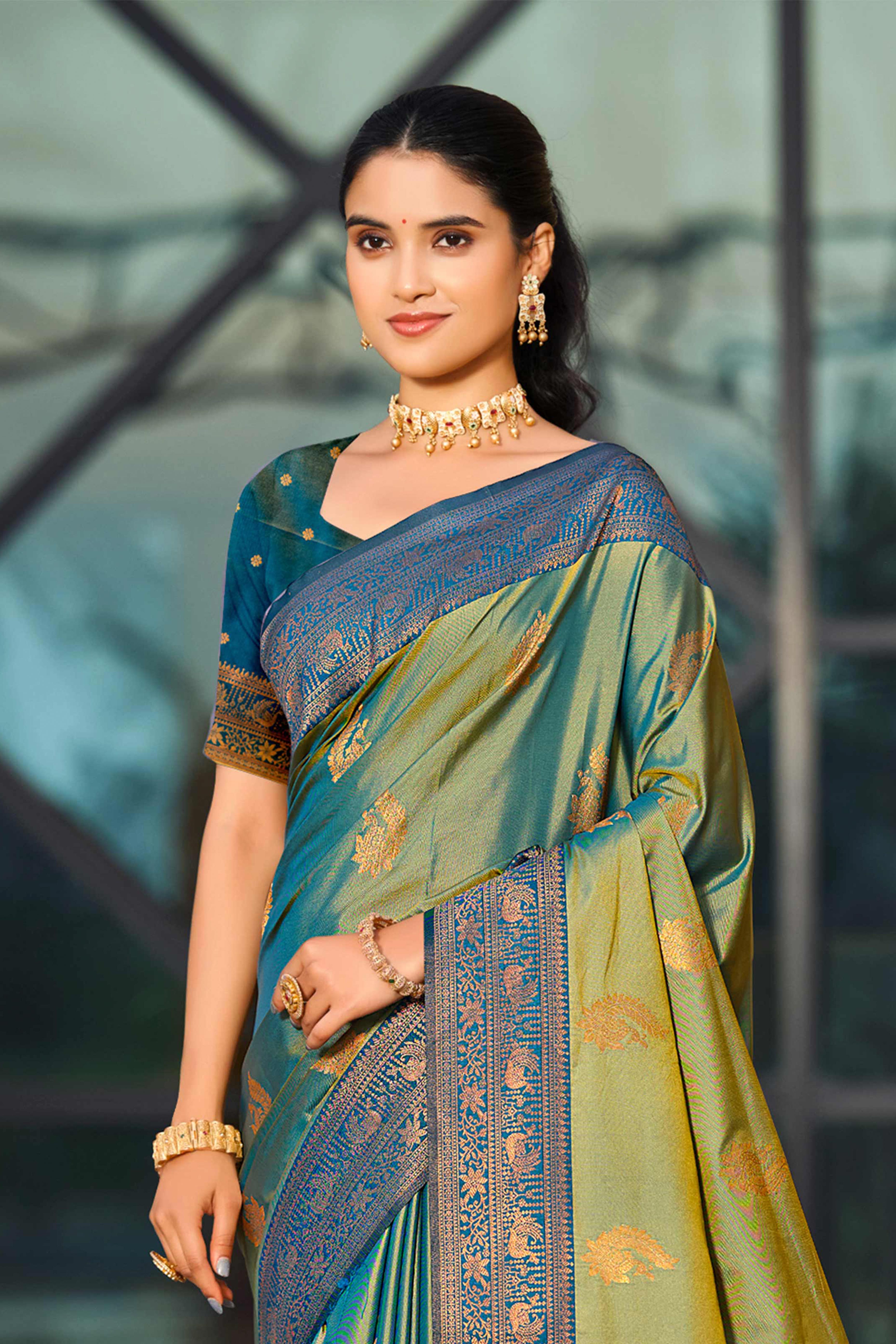 Sangam Prints Sea Green Soft Silk Woven Work Traditional Saree - Dista
