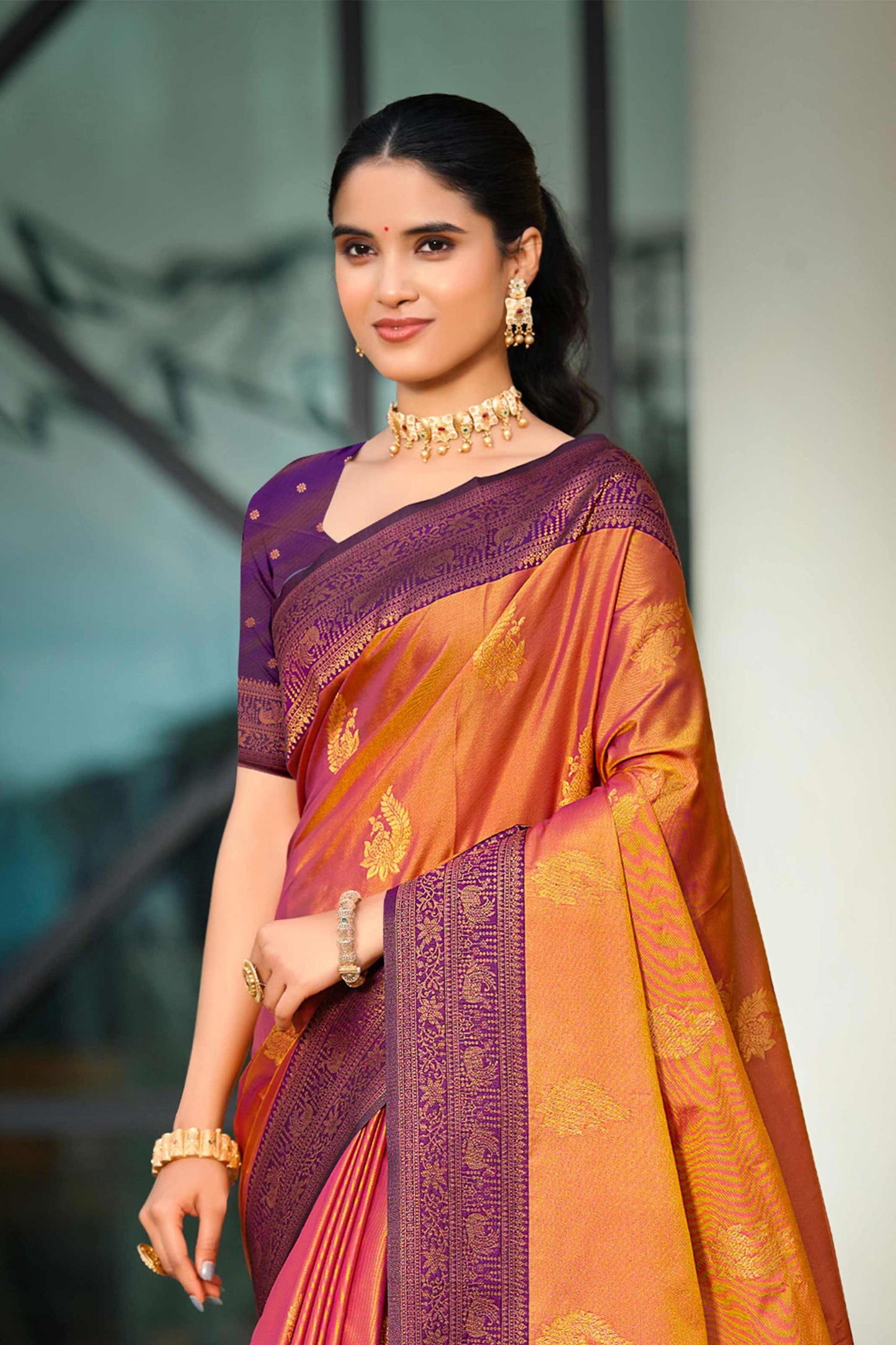 Sangam Prints Copper Gold Soft Silk Woven Work Traditional Saree - Dista
