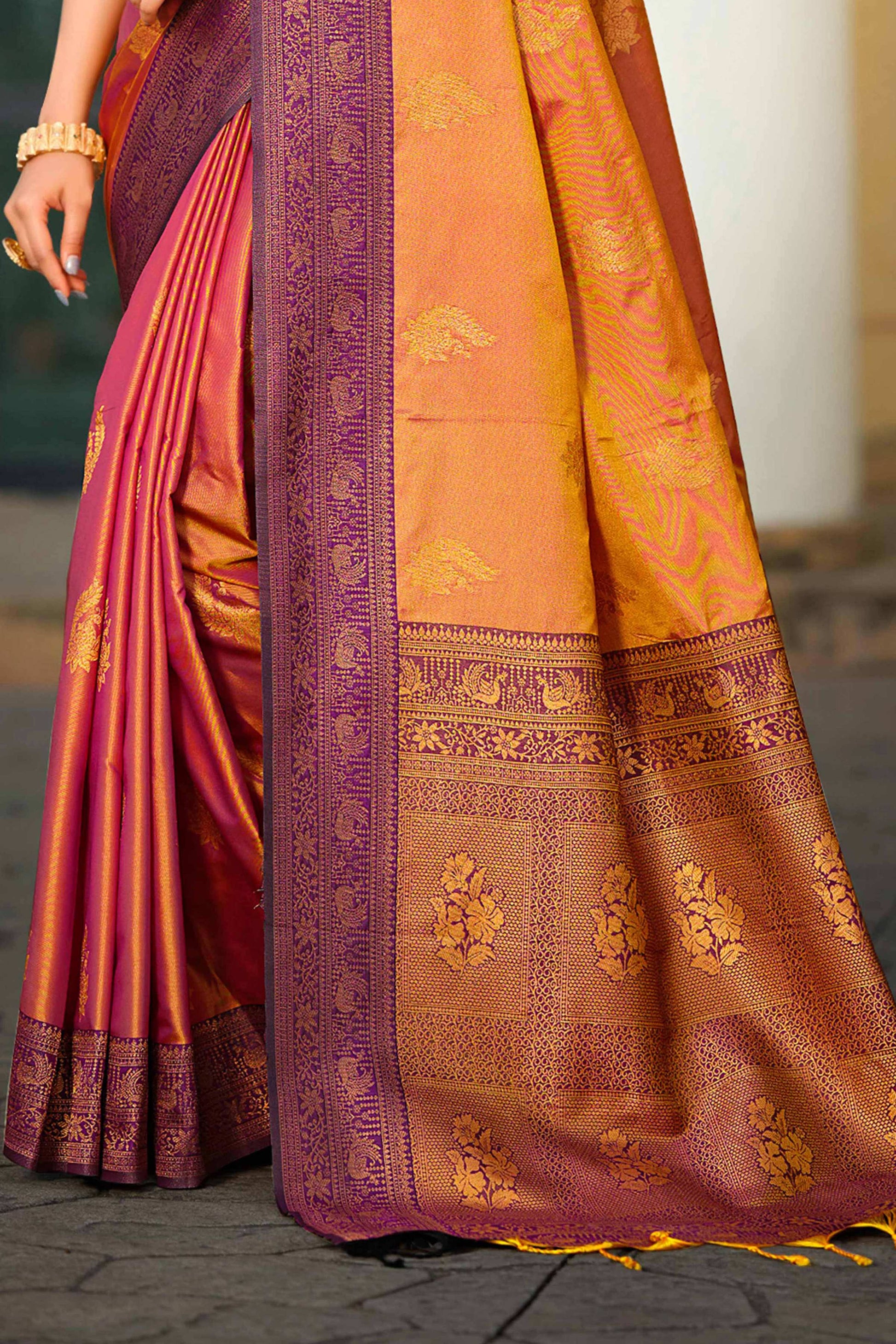 Sangam Prints Copper Gold Soft Silk Woven Work Traditional Saree - Dista