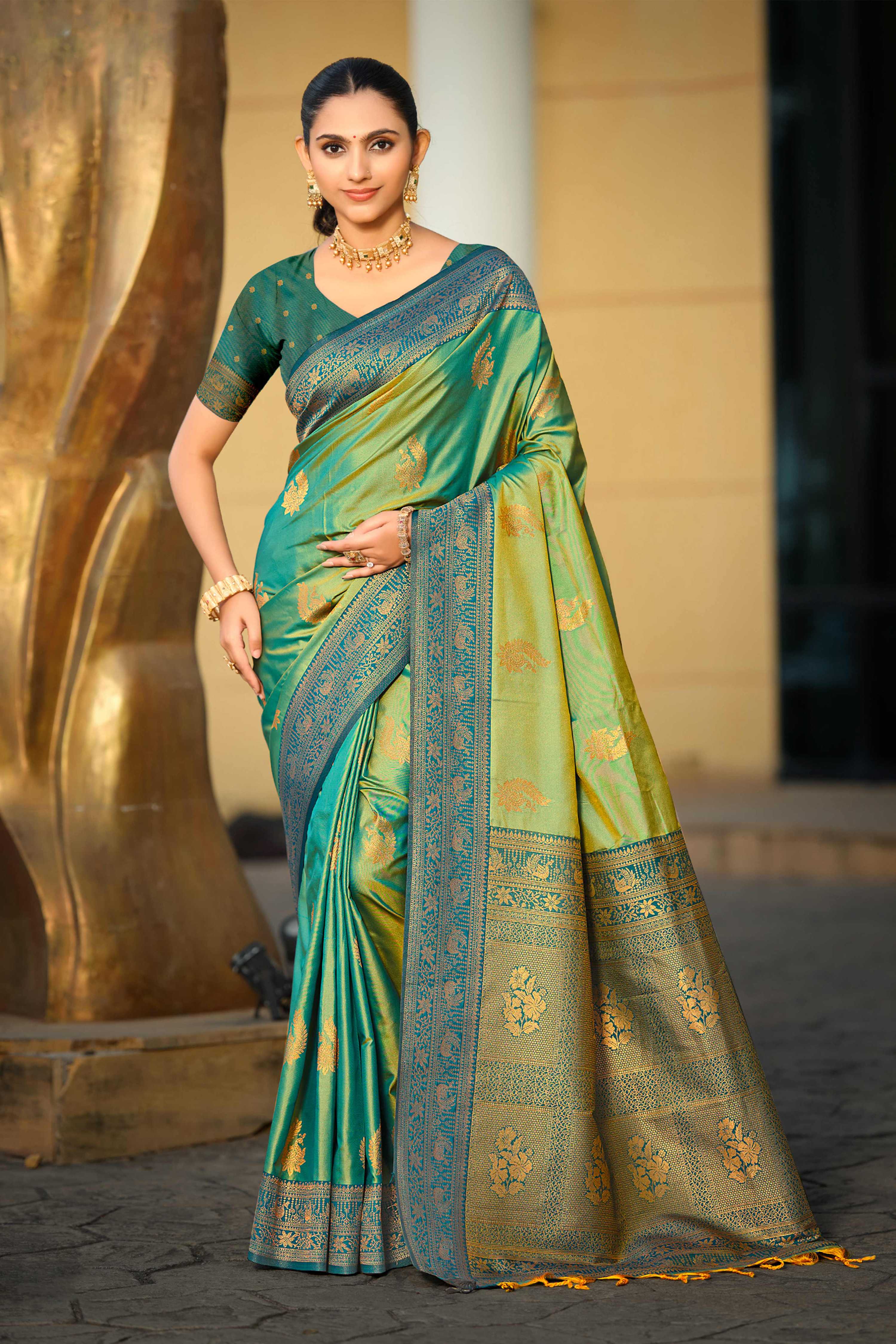 Sangam Prints Sea Green Soft Silk Woven Work Traditional Saree - Dista