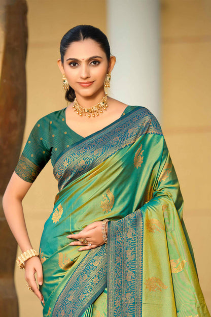 Sangam Prints Sea Green Soft Silk Woven Work Traditional Saree - Dista
