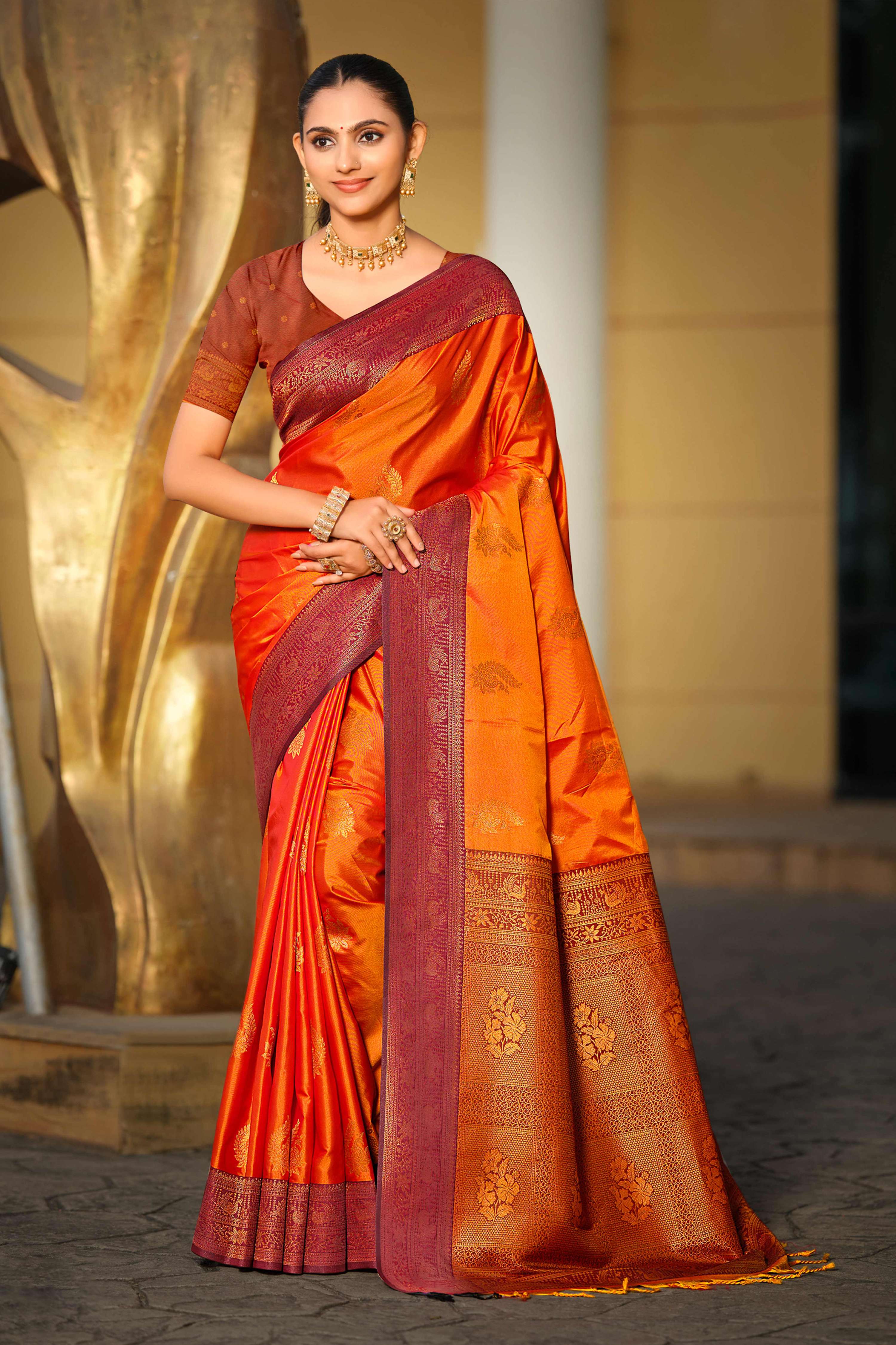 Sangam Prints Bright Orange Soft Silk Woven Work Traditional Saree - Dista