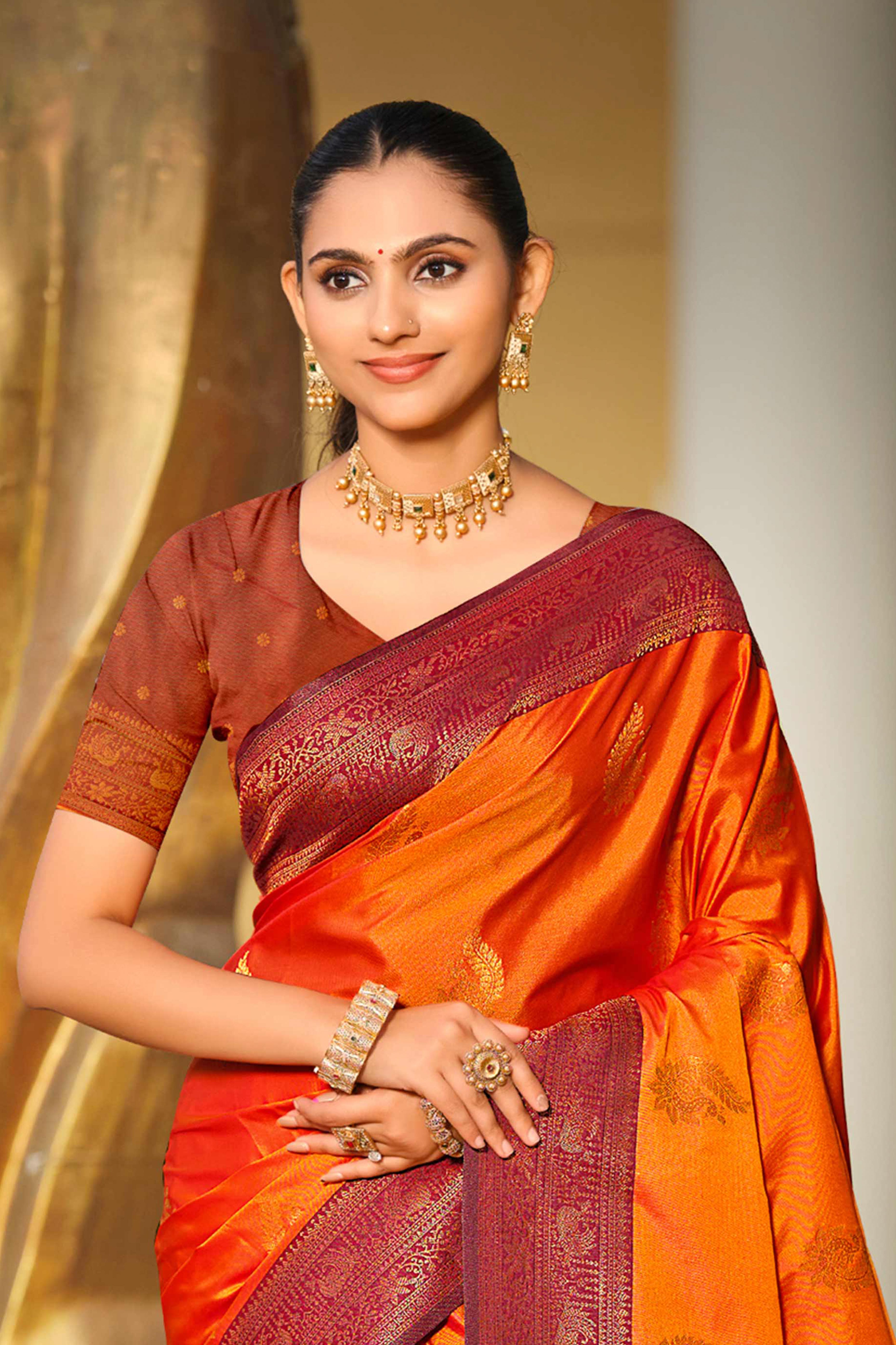 Sangam Prints Bright Orange Soft Silk Woven Work Traditional Saree - Dista