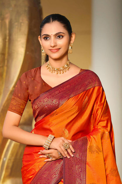 Sangam Prints Bright Orange Soft Silk Woven Work Traditional Saree - Dista