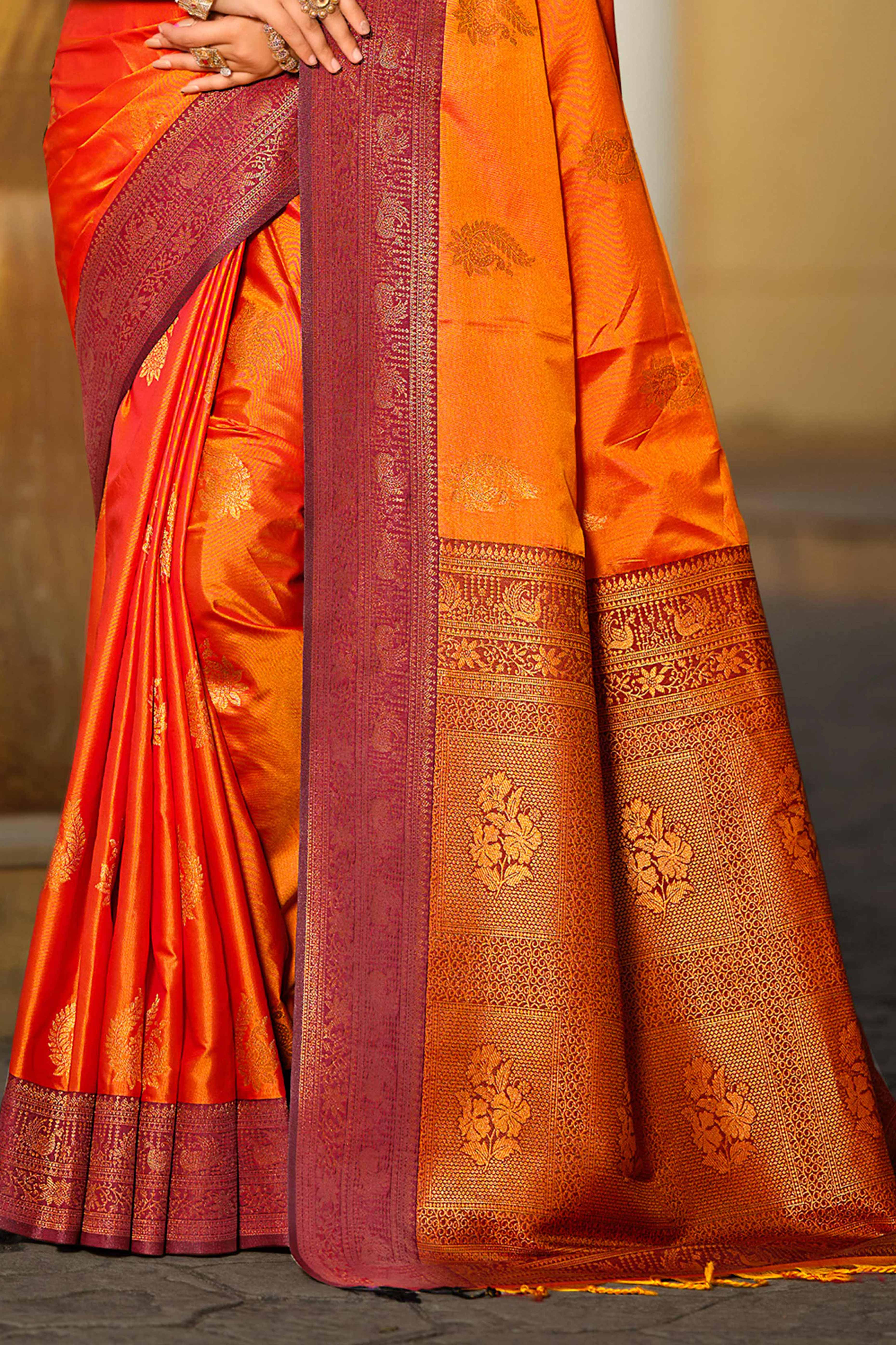 Sangam Prints Bright Orange Soft Silk Woven Work Traditional Saree - Dista